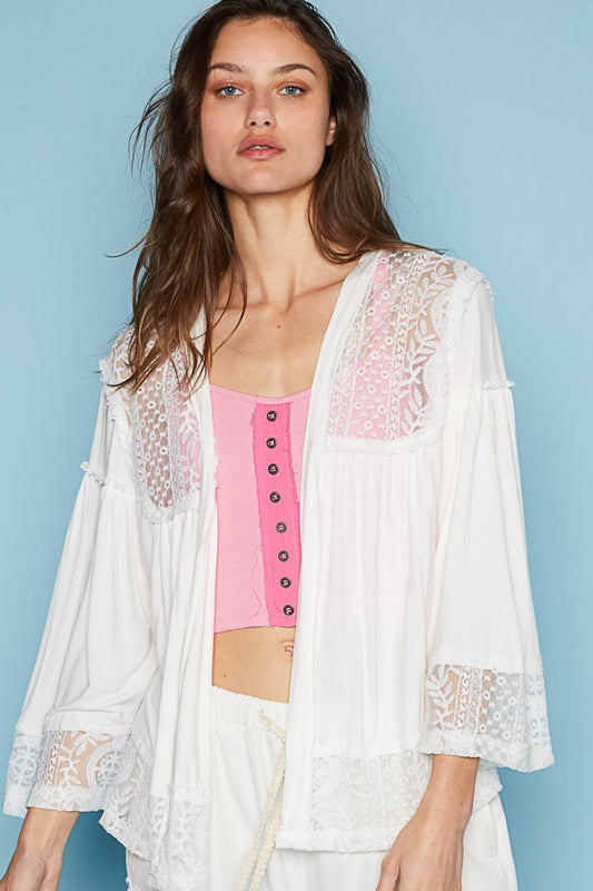 POL Oversized Bell Sleeves Open Front Floral Lace Detail Cardigan