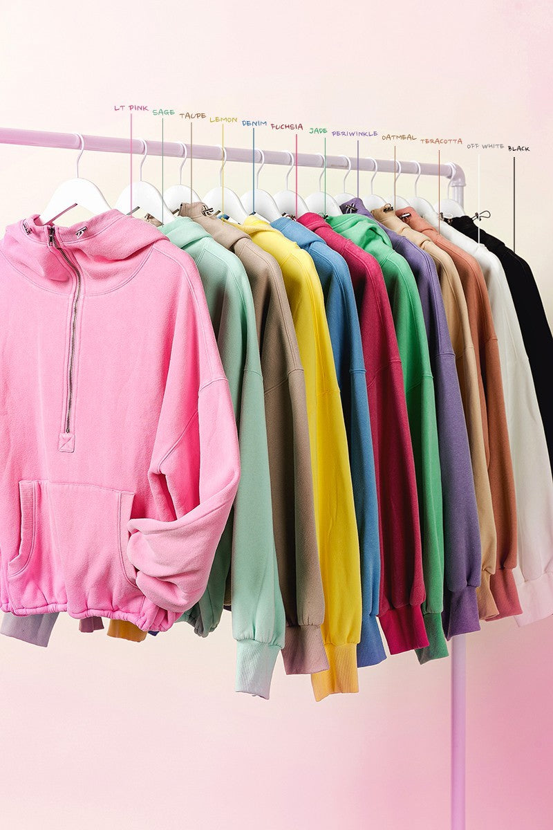 BiBi Stitch Detailed Elastic Hem Half Zip Fleece Hooded Sweatshirt | Periwinkle