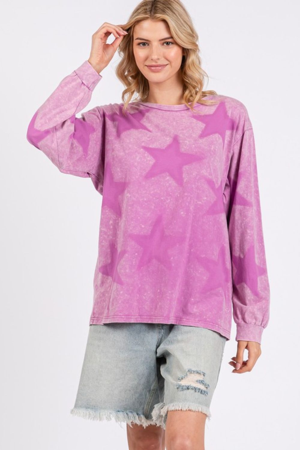 SAGE + FIG Mineral Wash Star Graphic Print Long Sleeves T-Shirt | Moonlit Mauve