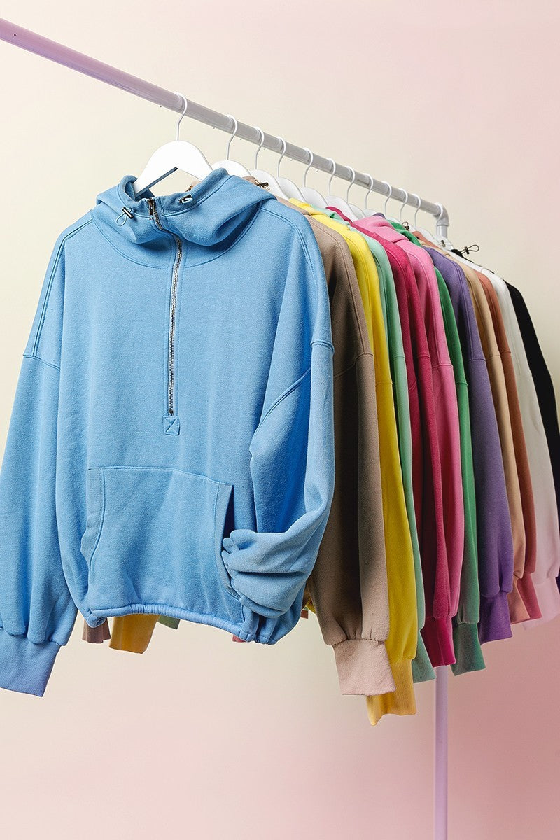 BiBi Stitch Detailed Elastic Hem Half Zip Fleece Hooded Sweatshirt | Mocha