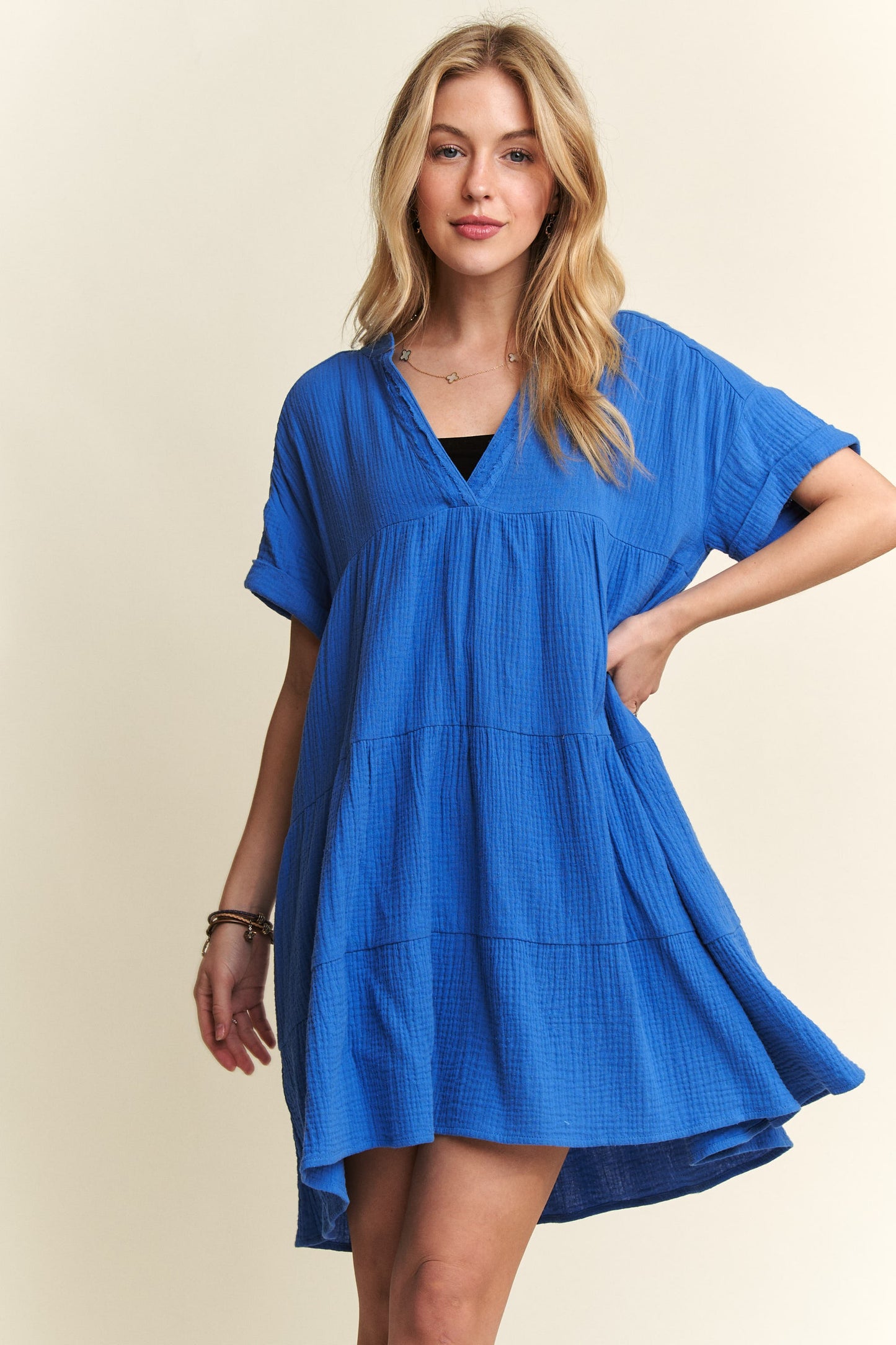ADORA Tiered Detail V-Neck Short Sleeves Drop Shoulder Babydoll Dress | Blue