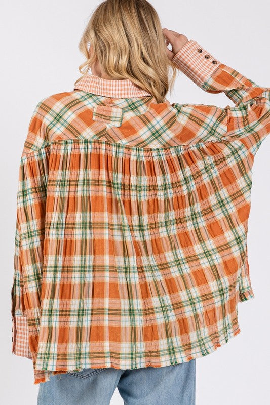 SAGE + FIG Side Slit Plaid Pattern Button Down Long Sleeves Shirt | Savanna