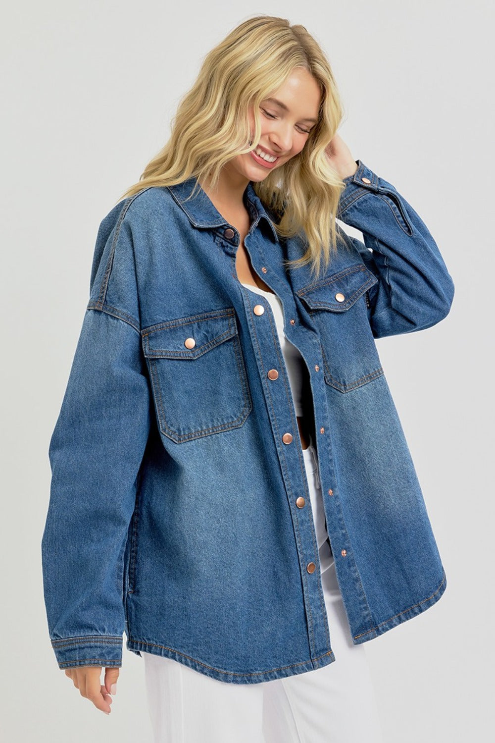 RISEN Snap Button Down Long Sleeves Dark Washed Chest Pockets Denim Shacket