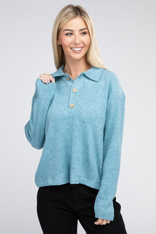 ZENANA Long Sleeves Brushed Melange Hacci Collared Sweater