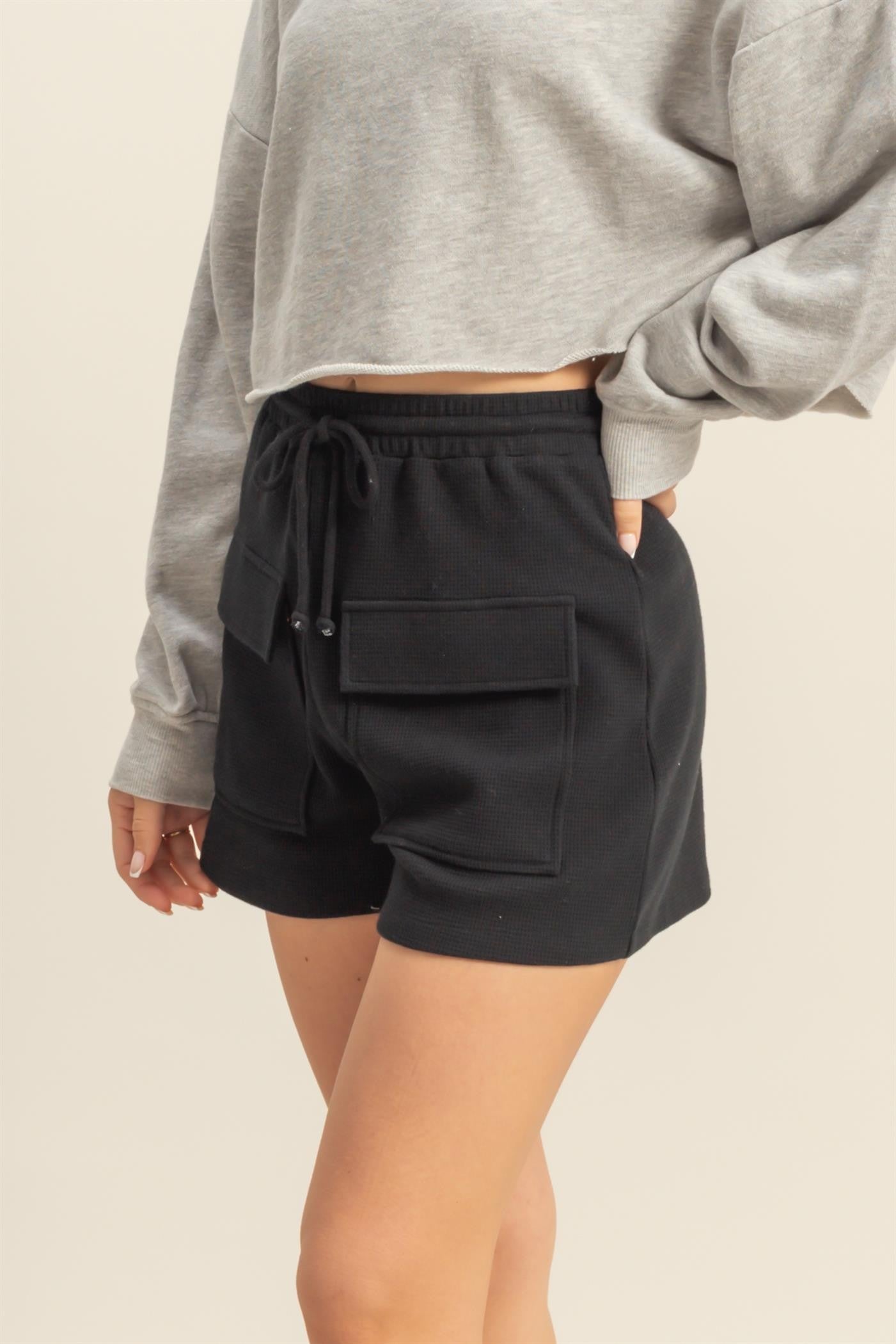 HYFVE High Rise Waist Drawstring Waffle Knit Front Pockets Shorts | Black