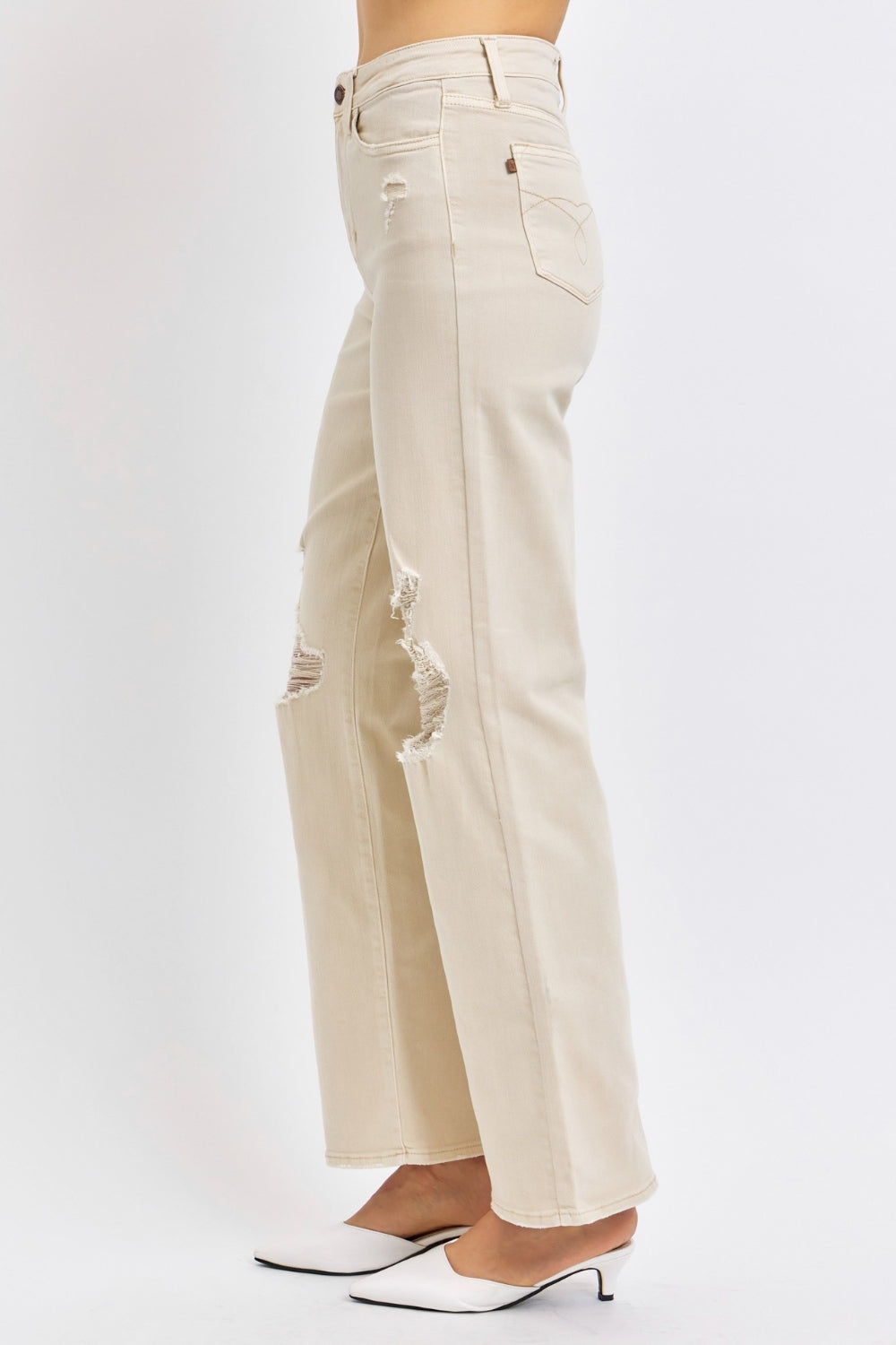 Judy Blue High Rise Waist Distressed Knee Zip Fly Wide Leg Denim Jeans | Bone