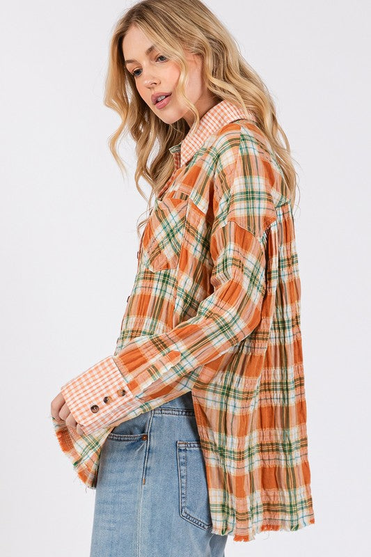 SAGE + FIG Side Slit Plaid Pattern Button Down Long Sleeves Shirt | Savanna