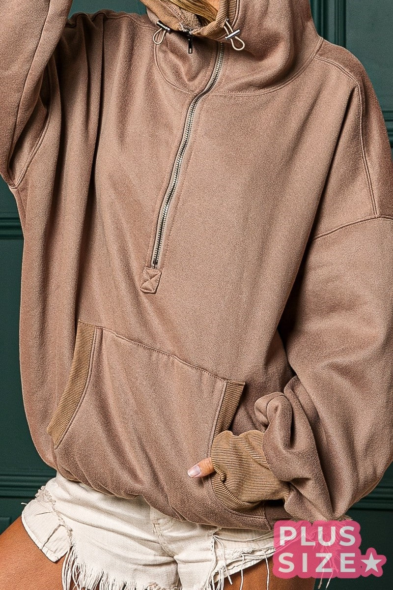 BiBi Stitch Detailed Elastic Hem Half Zip Fleece Hooded Sweatshirt | Mocha