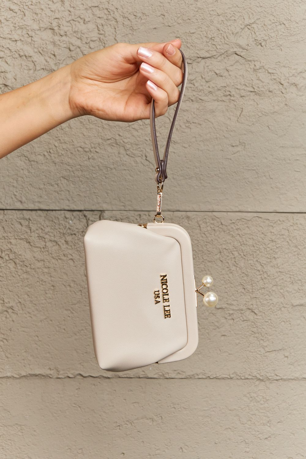 Nicole Lee USA Elsie Vegan Leather Wristlet Strap Pearl Coin Purse