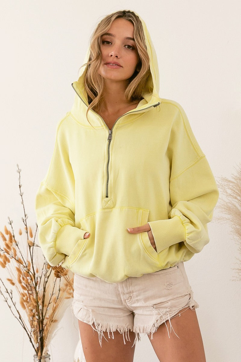 BiBi Stitch Detailed Elastic Hem Half Zip Fleece Hooded Sweatshirt | Denim