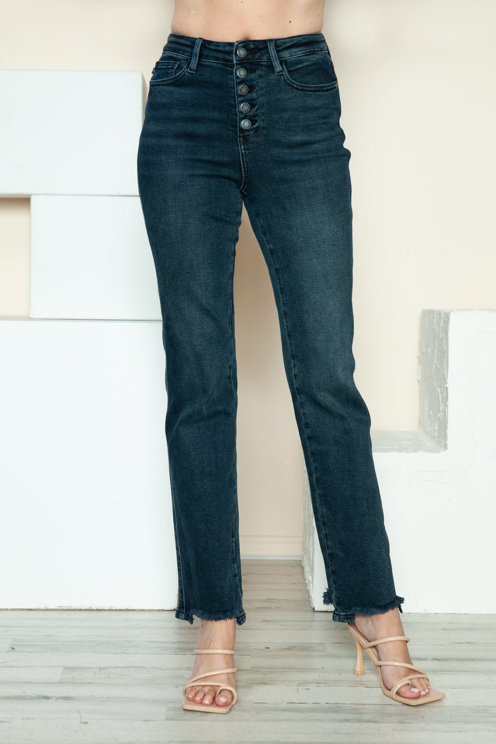 Judy Blue High Rise Waist Button Fly Hem Destroy Dark Wash Straight Denim Jeans