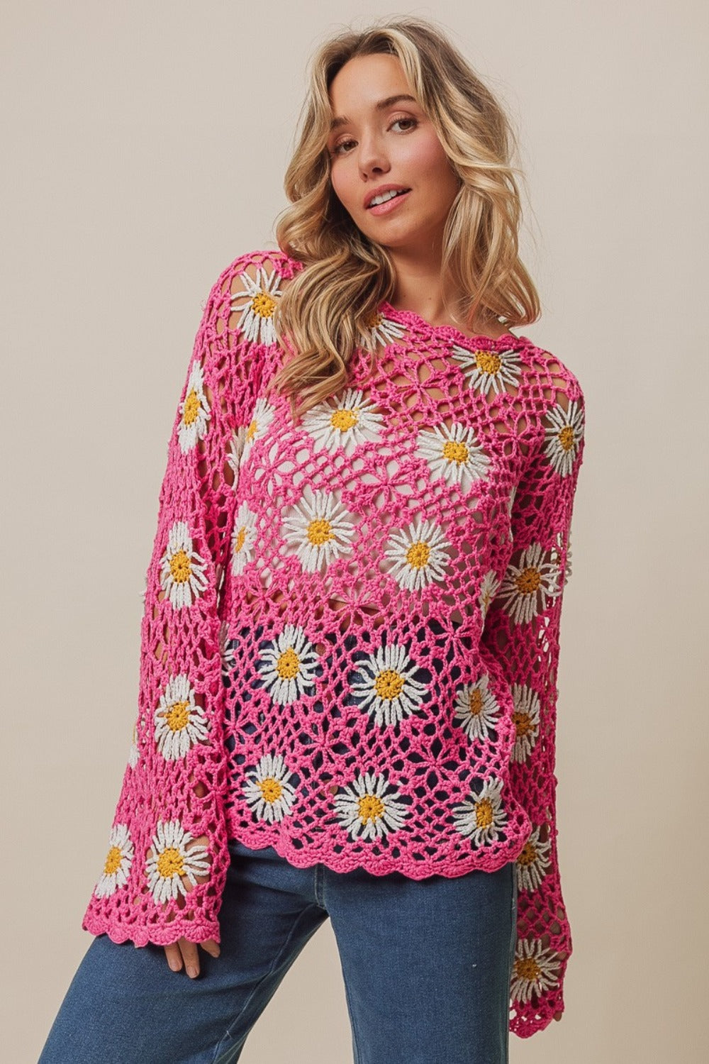 BiBi Floral Crochet Net Lace Round Neck Long Sleeves Cover Up Top | Fuchsia