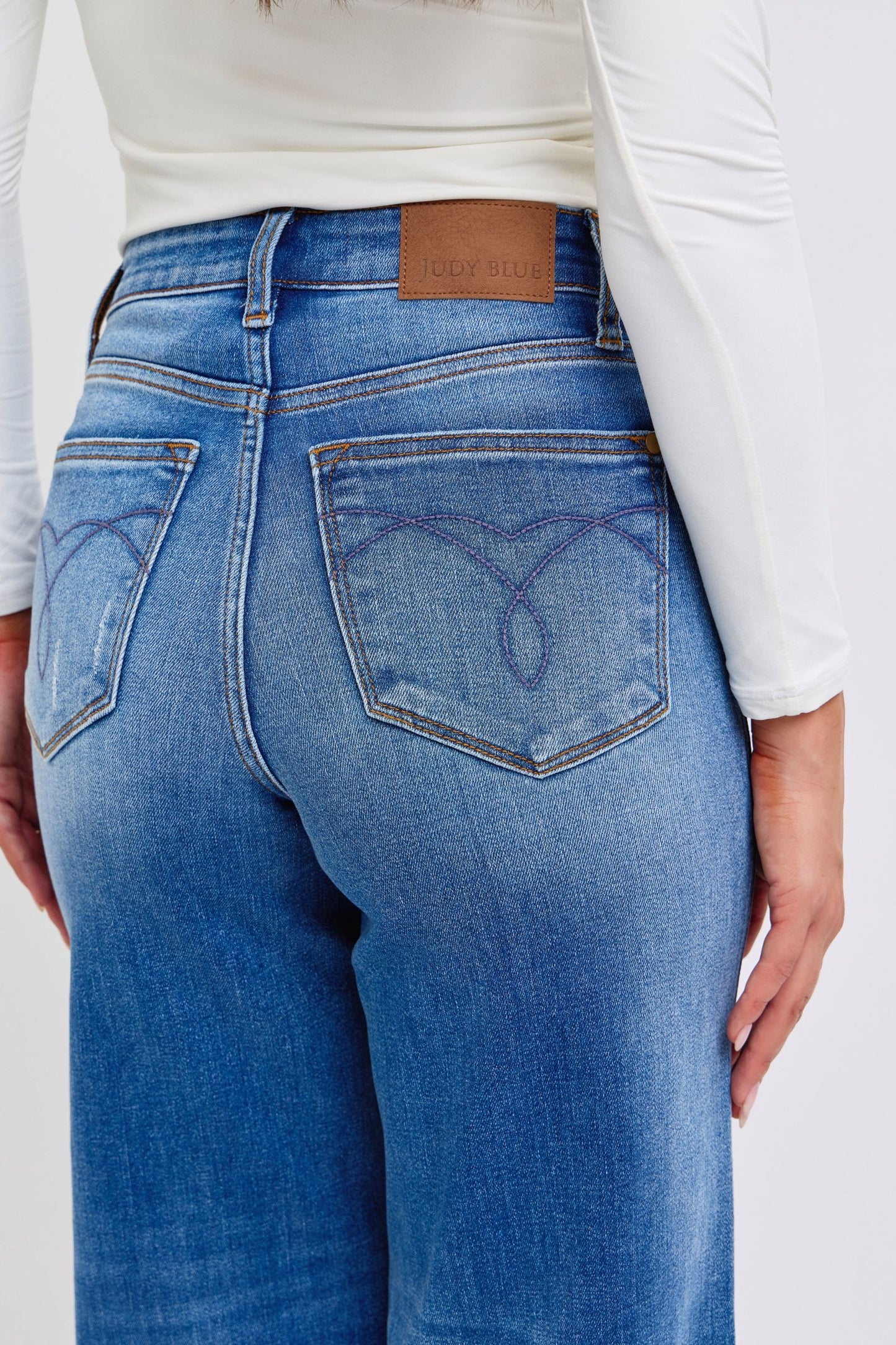 Judy Blue Distressed High Rise Cuffed Raw Hem Zip Fly Medium Wash Wide Leg Jeans