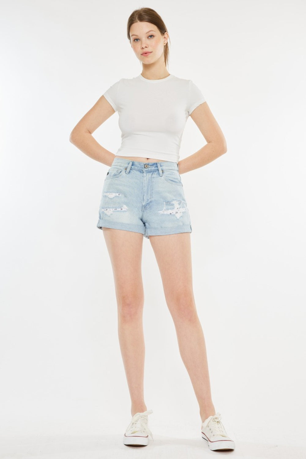KanCan High Rise Repaired Light Washed Mom Denim Shorts