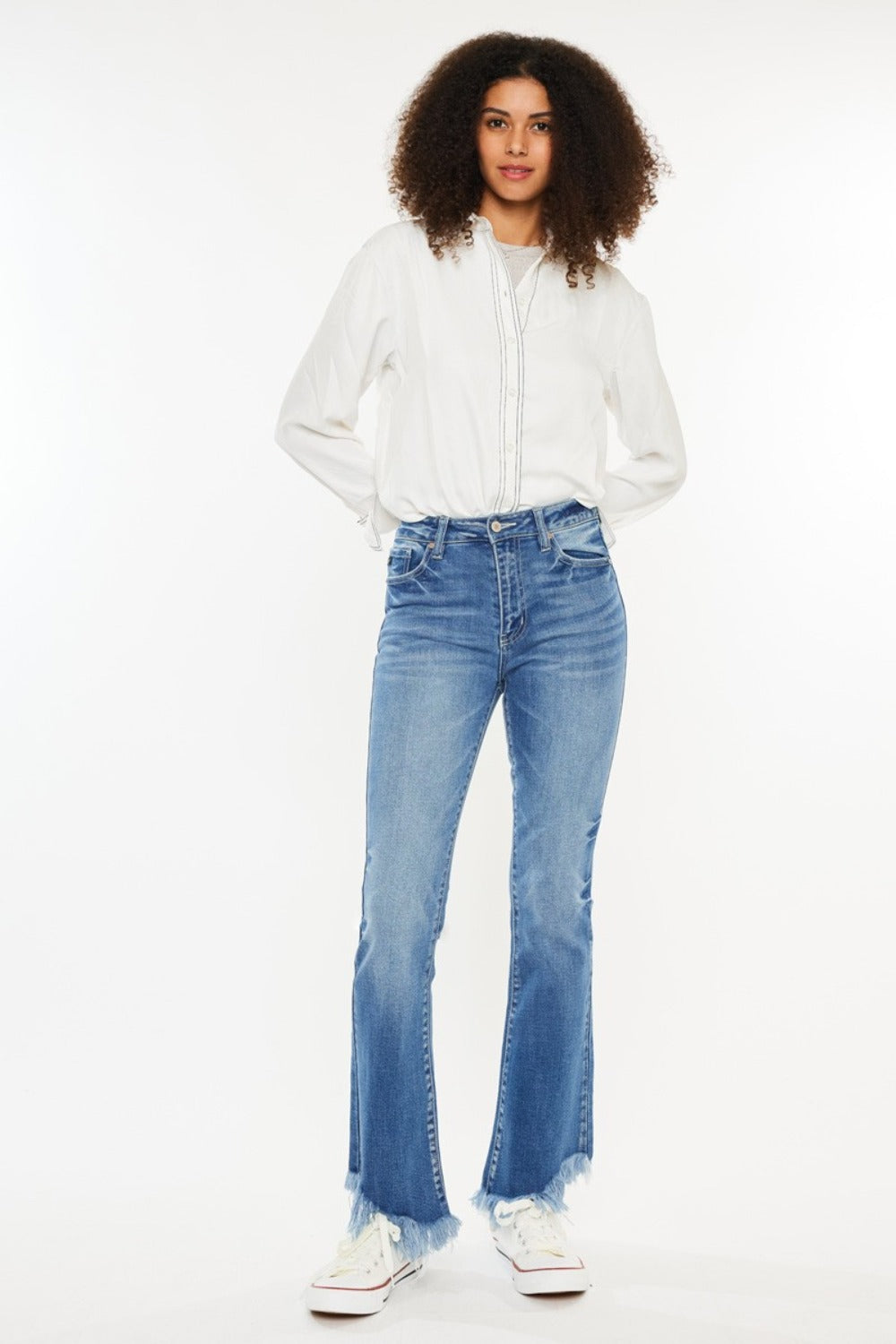 KanCan High Rise Raw Hem 5 Pockets Design Medium Wash Ankle Bootcut Denim Jeans