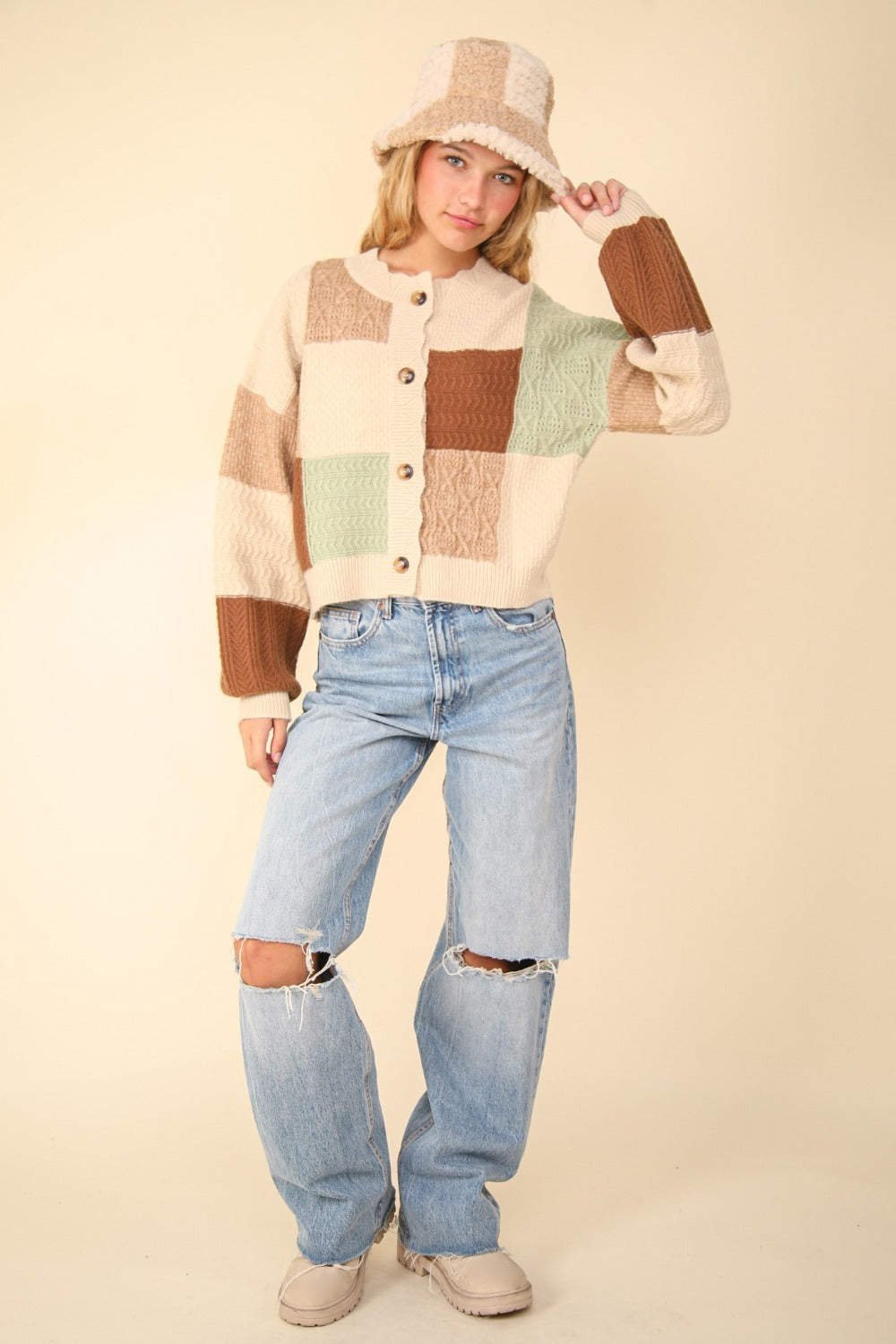VERY J Color Block Button Down Textured Knit Cropped Sweater Cardigan | Oatmeal