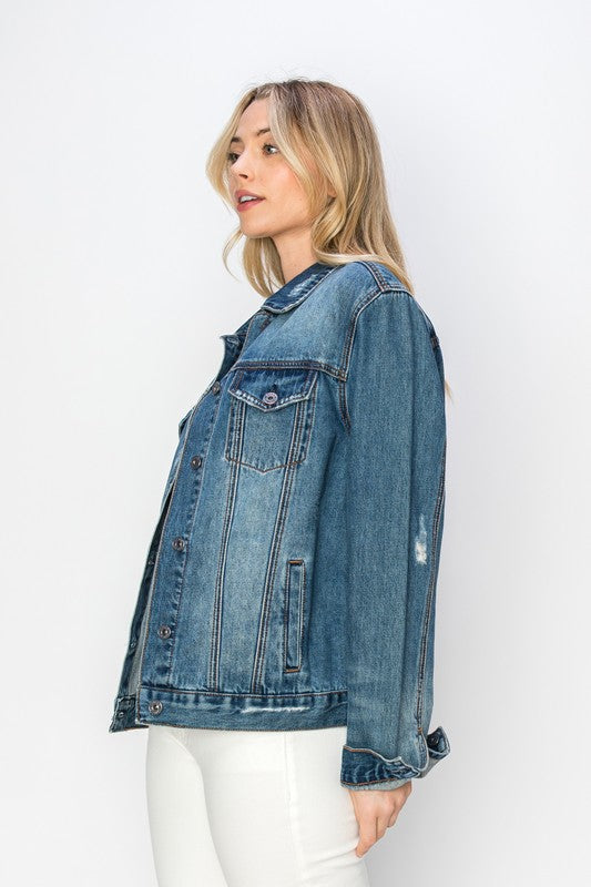 RISEN Distressed Button Up Chest Pockets Dark Wash Relaxed Fit Vintage Jacket
