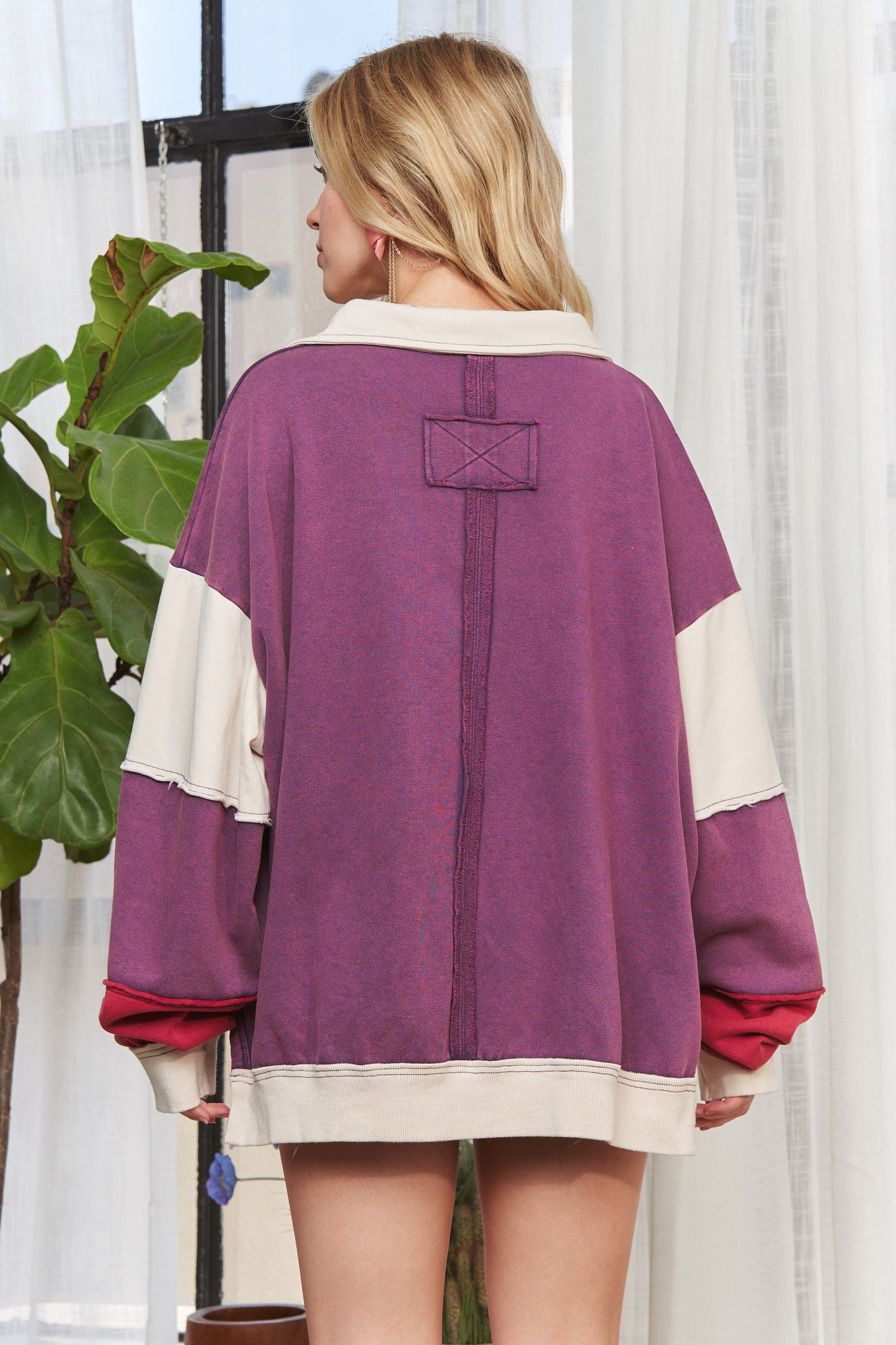 ADORA Out Seam Detail Color Block V-Neck Loose Fit Design Sweatshirt | Purple