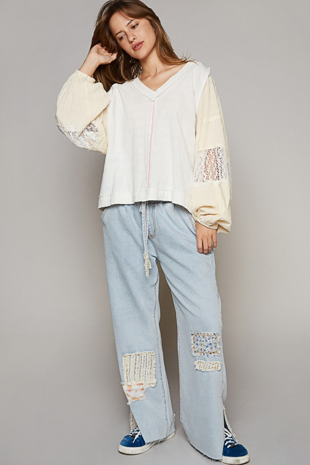 POL Balloon Sleeves V-Neck Crochet Patch Oversized Pullover Top
