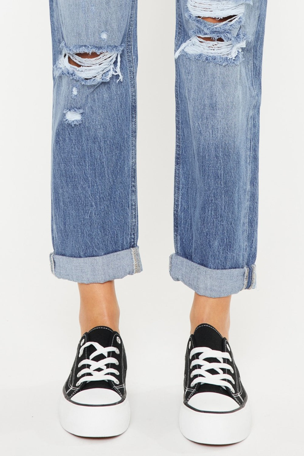 KanCan Mid Rise Cuffed Hem Distressed Light Wash Cropped Straight Denim Jeans