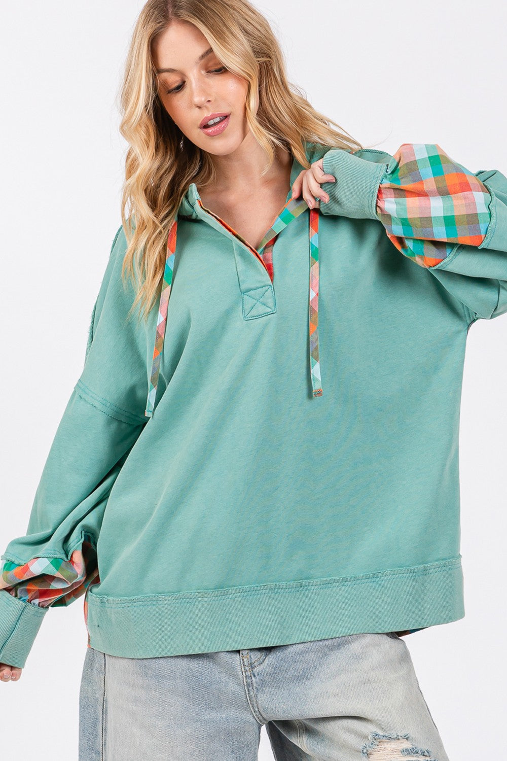 SAGE + FIG Mineral Washed Contrast Plaid Pattern Hoodie Sweatshirt | Eucalyptus