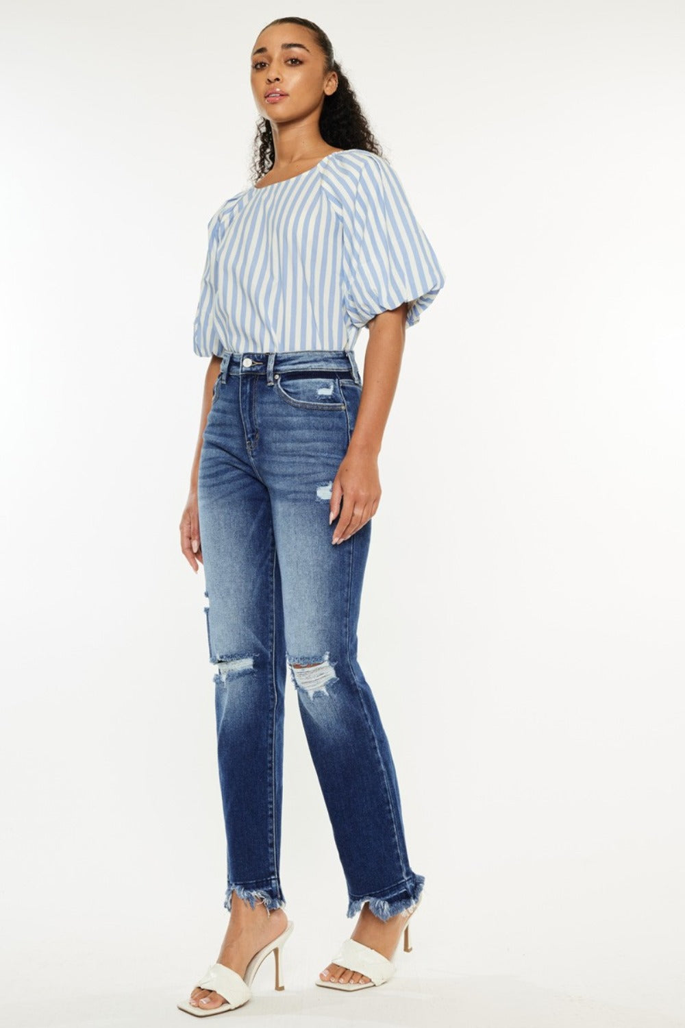 KanCan High Rise Waist Distressed Frayed Hem Dark Wash Slim Straight Denim Jeans