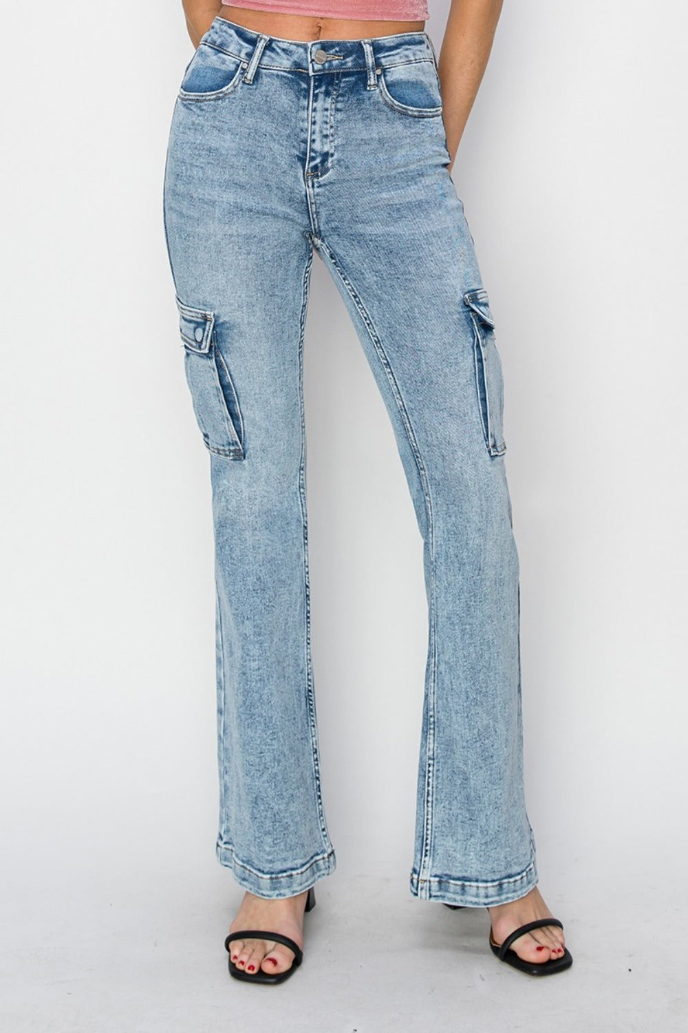 RISEN High Rise Cargo Pockets Zipper Fly Acid Medium Flare Denim Jeans