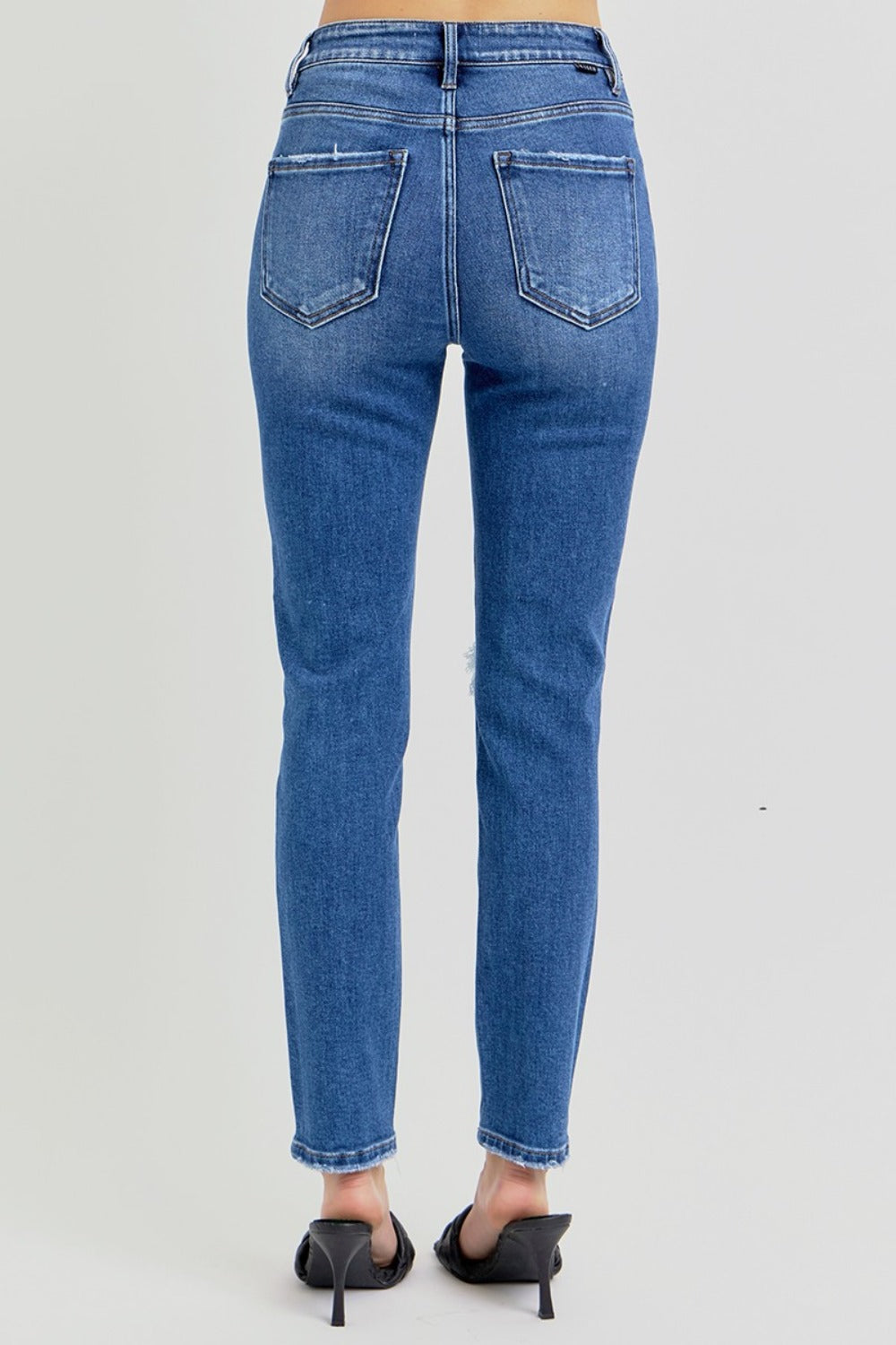 RISEN High Rise Waist Distressed Knee Dark Washed Ankle Skinny Denim Jeans