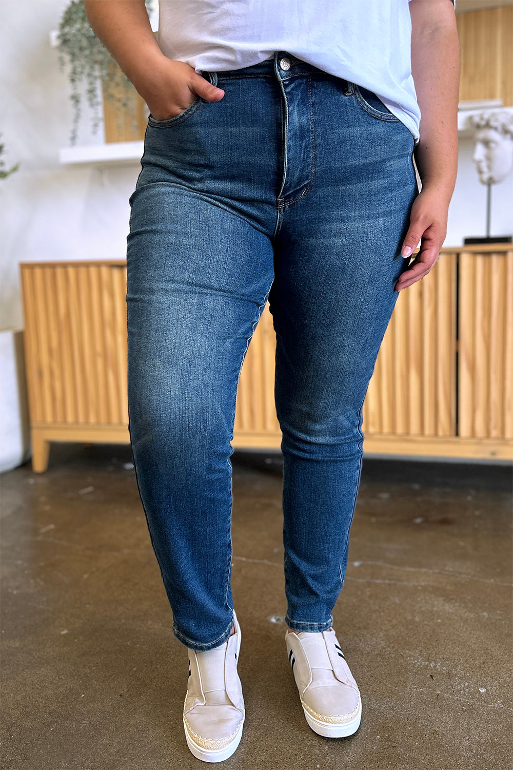 Judy Blue Tummy Control High Waist Dark Washed Stretch Slim Ankle Denim Jeans