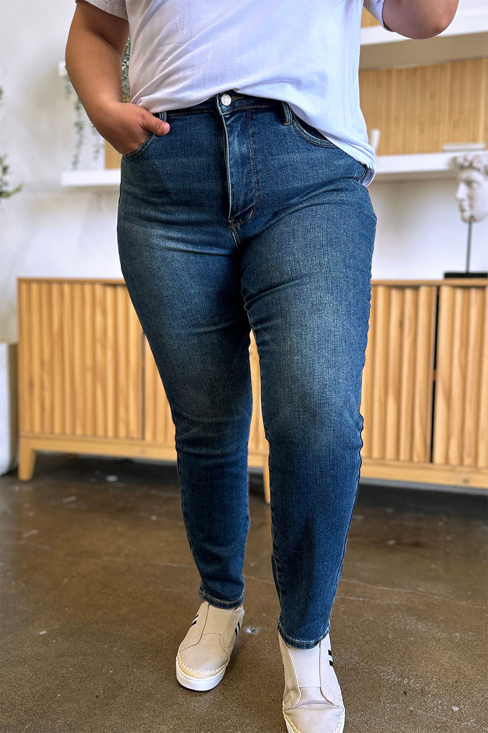Judy Blue Tummy Control High Waist Dark Washed Stretch Slim Ankle Denim Jeans