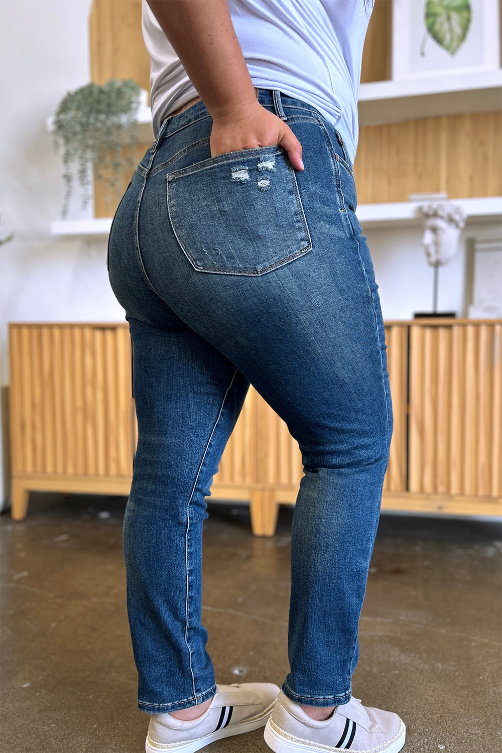 Judy Blue Tummy Control High Waist Dark Washed Stretch Slim Ankle Denim Jeans