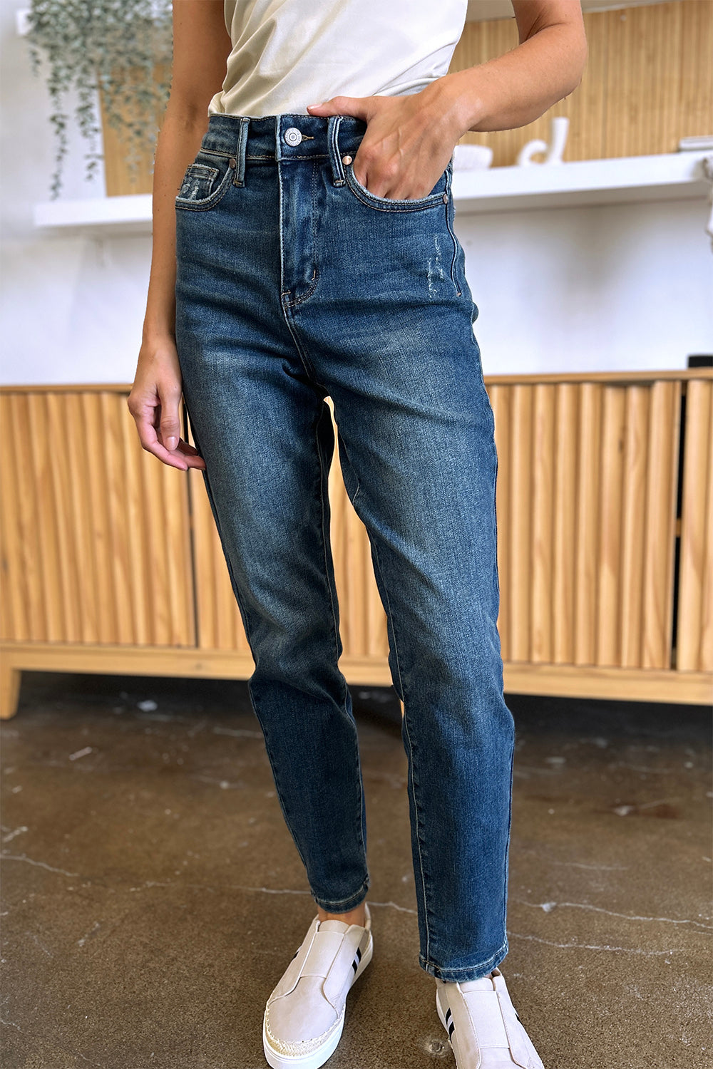Judy Blue Tummy Control High Waist Dark Washed Stretch Slim Ankle Denim Jeans