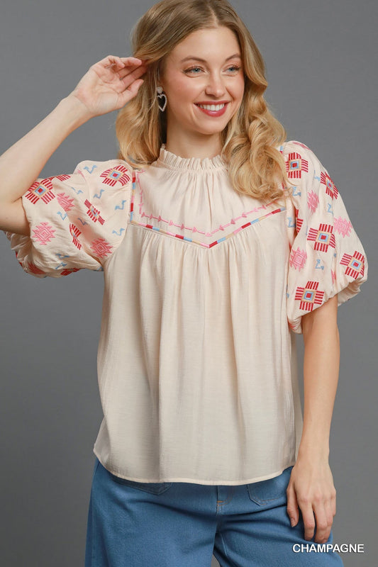 Umgee Embroidered Short Puff Sleeves Mock Neck Ruffled Detail Blouse | Champagne