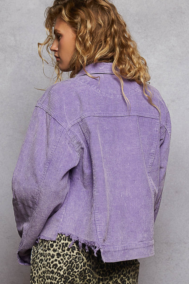POL Button Down Raw Hem Chest Pockets Cropped Corduroy Trucker Jacket | Red