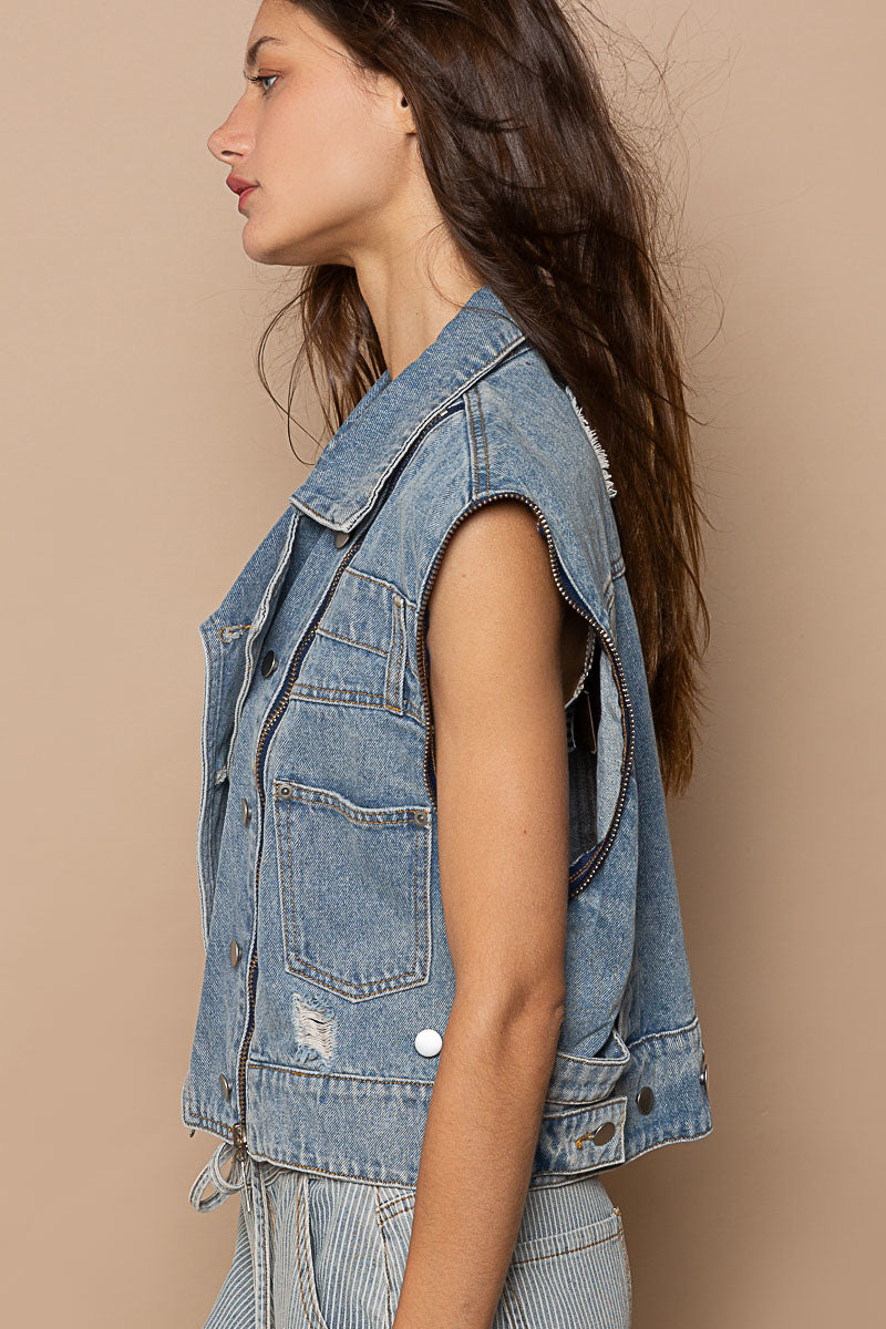 POL Removable Sleeves Multiple Zipper Details Cropped Denim Jacket | Dark Grey