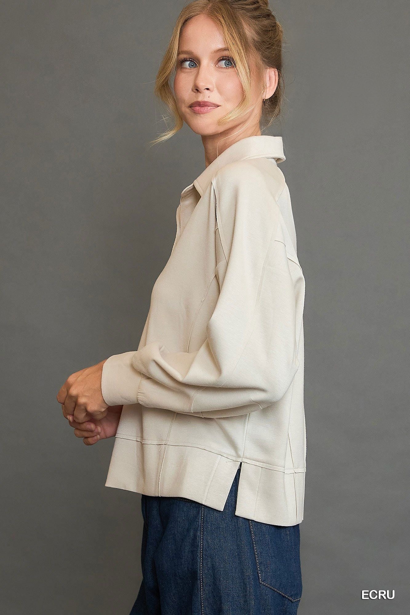 Umgee Collared Neck Long Sleeves Raw Hem Details Side Slit Sweatshirt | Stone