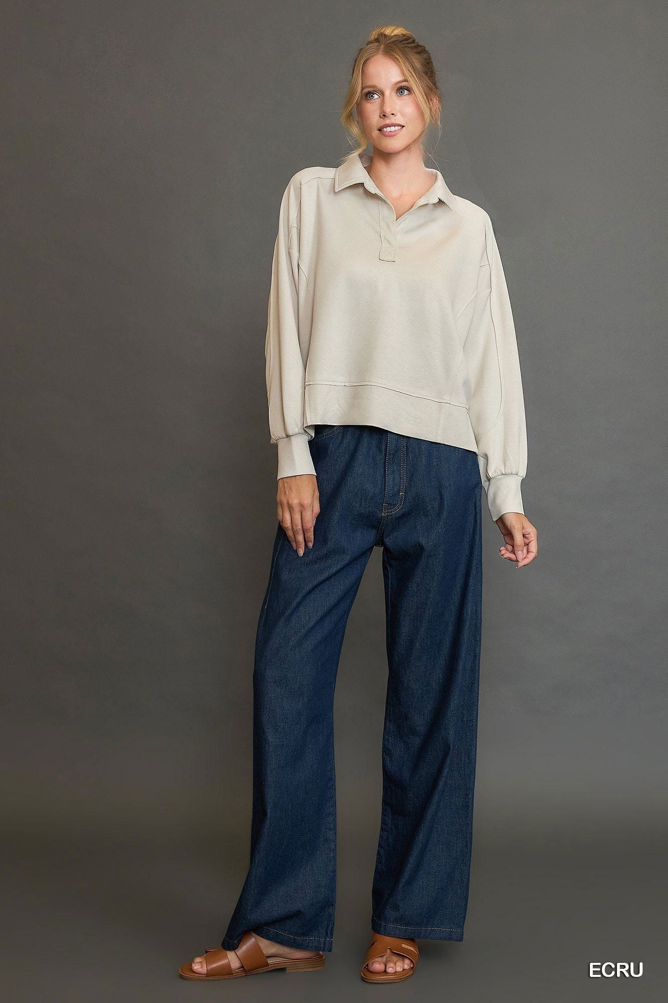 Umgee Collared Neck Long Sleeves Raw Hem Details Side Slit Sweatshirt | Stone
