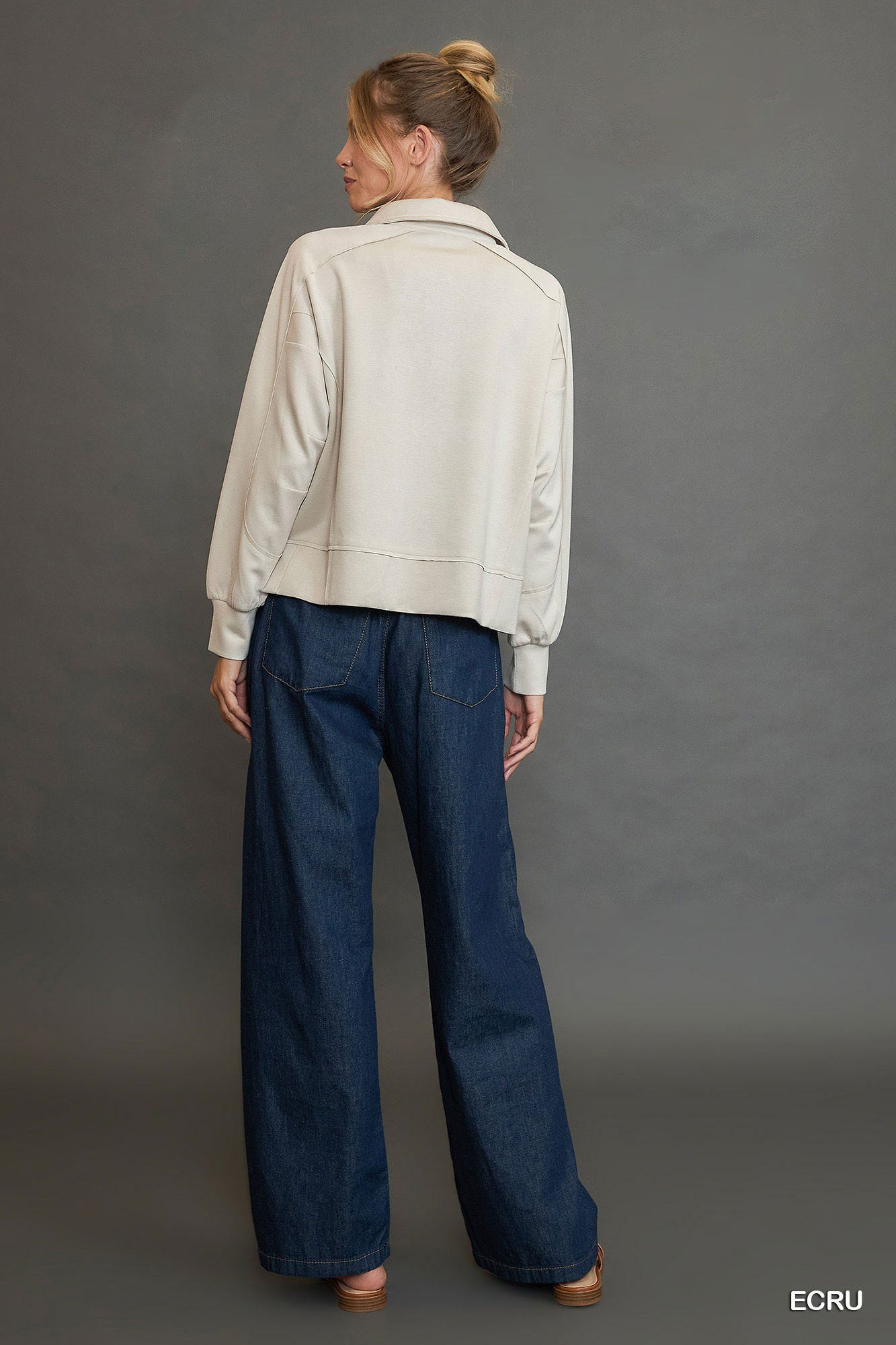 Umgee Collared Neck Long Sleeves Raw Hem Details Side Slit Sweatshirt | Stone
