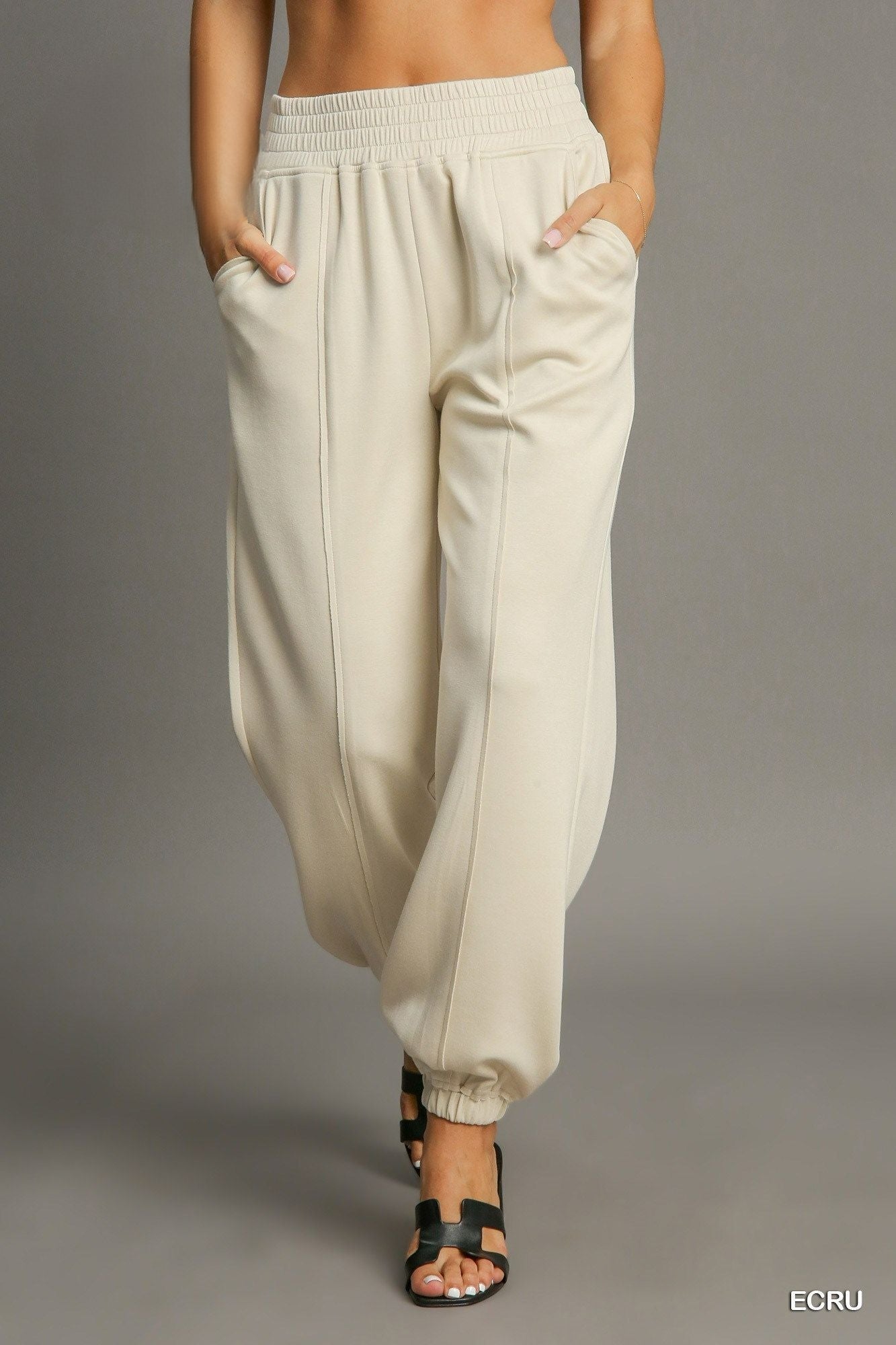 Umgee Drawstring Front Seam Detail Side Pockets Relaxed Jogger Pants | Midnight