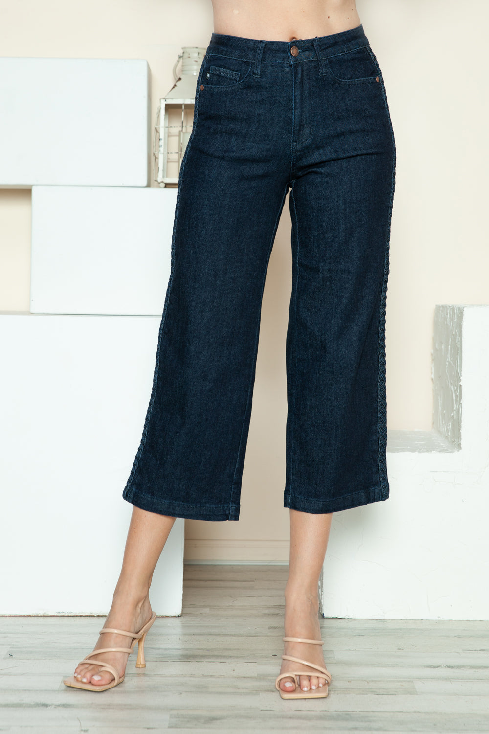 Judy Blue Side Seam Braid Detail Zip Fly Dark Wash Cropped Wide Leg Denim Jeans