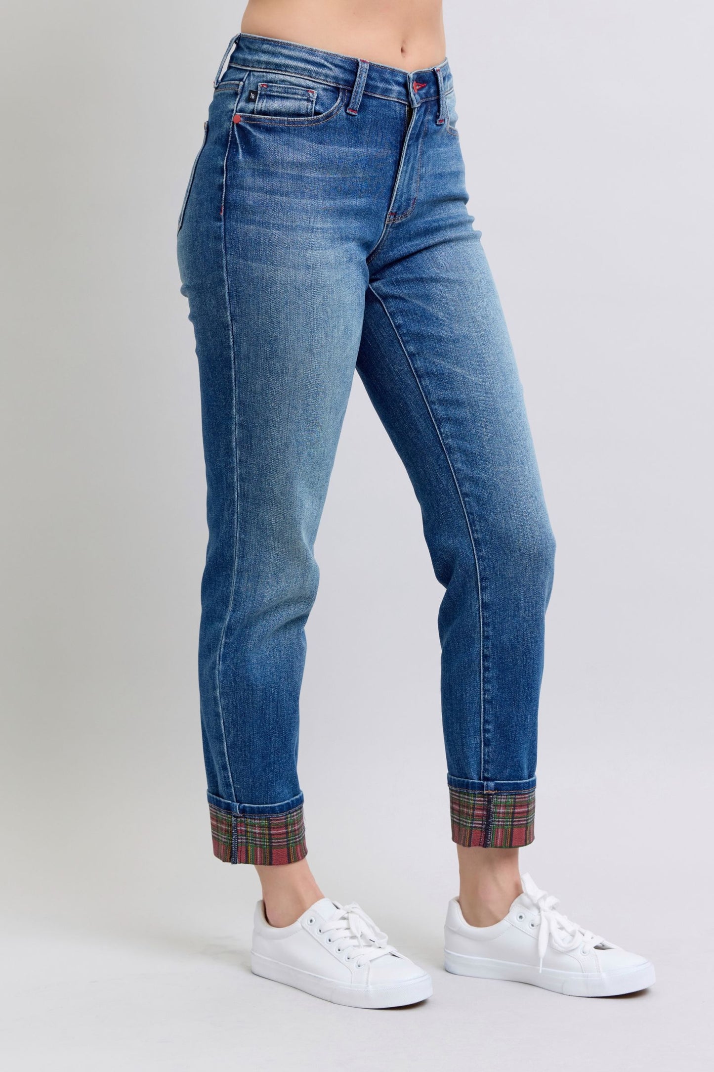 Judy Blue High Waist Plaid Print Cuffed Medium Washed Straight Leg Denim Jeans