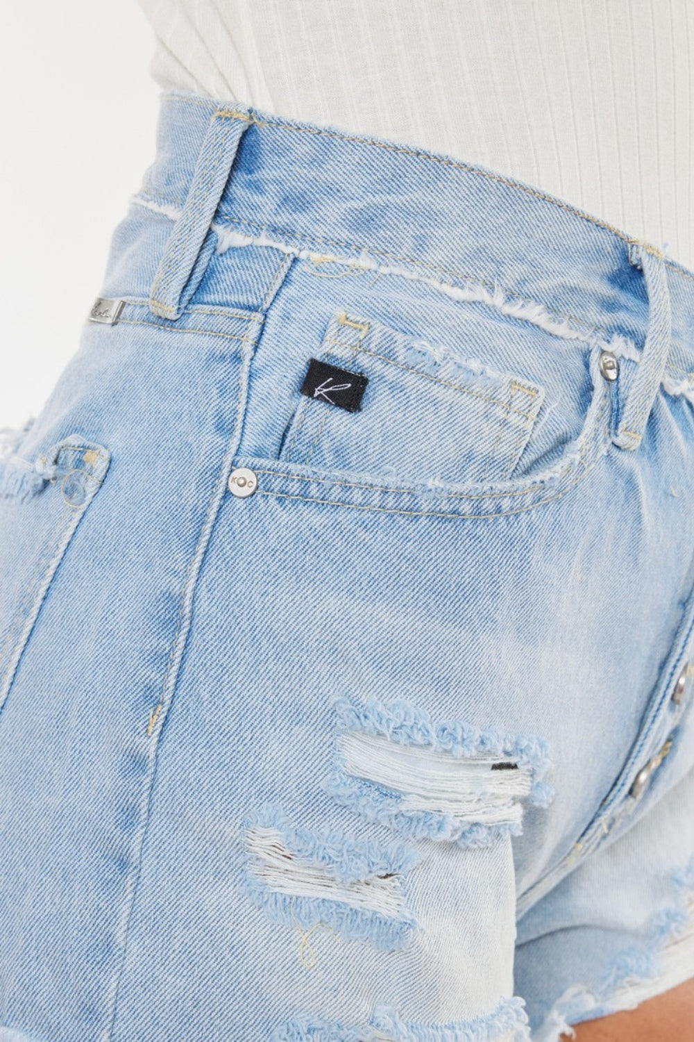 KanCan High Rise Distressed Button Fly Denim Shorts | Medium Wash