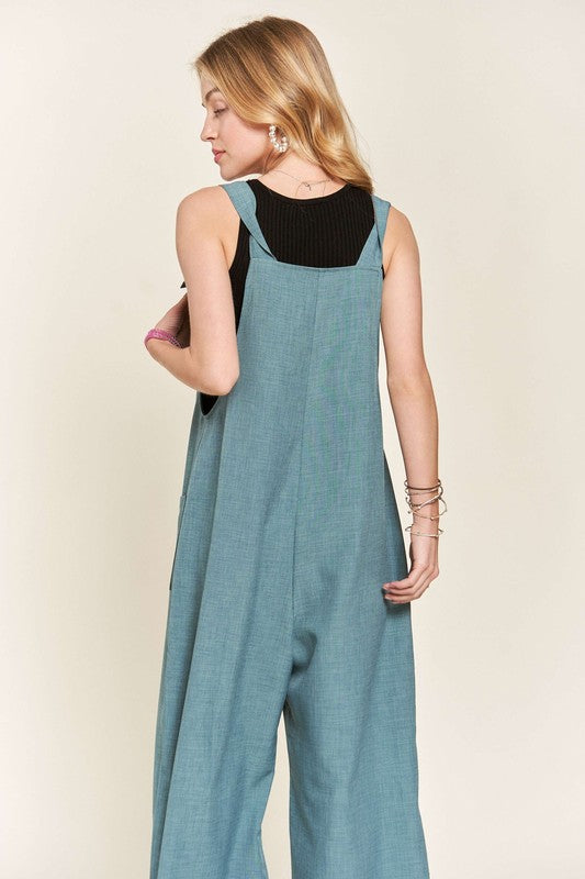 ADORA Knotted Wide Strap Front Pockets Relaxed Fit Wide Leg Overalls | Blue