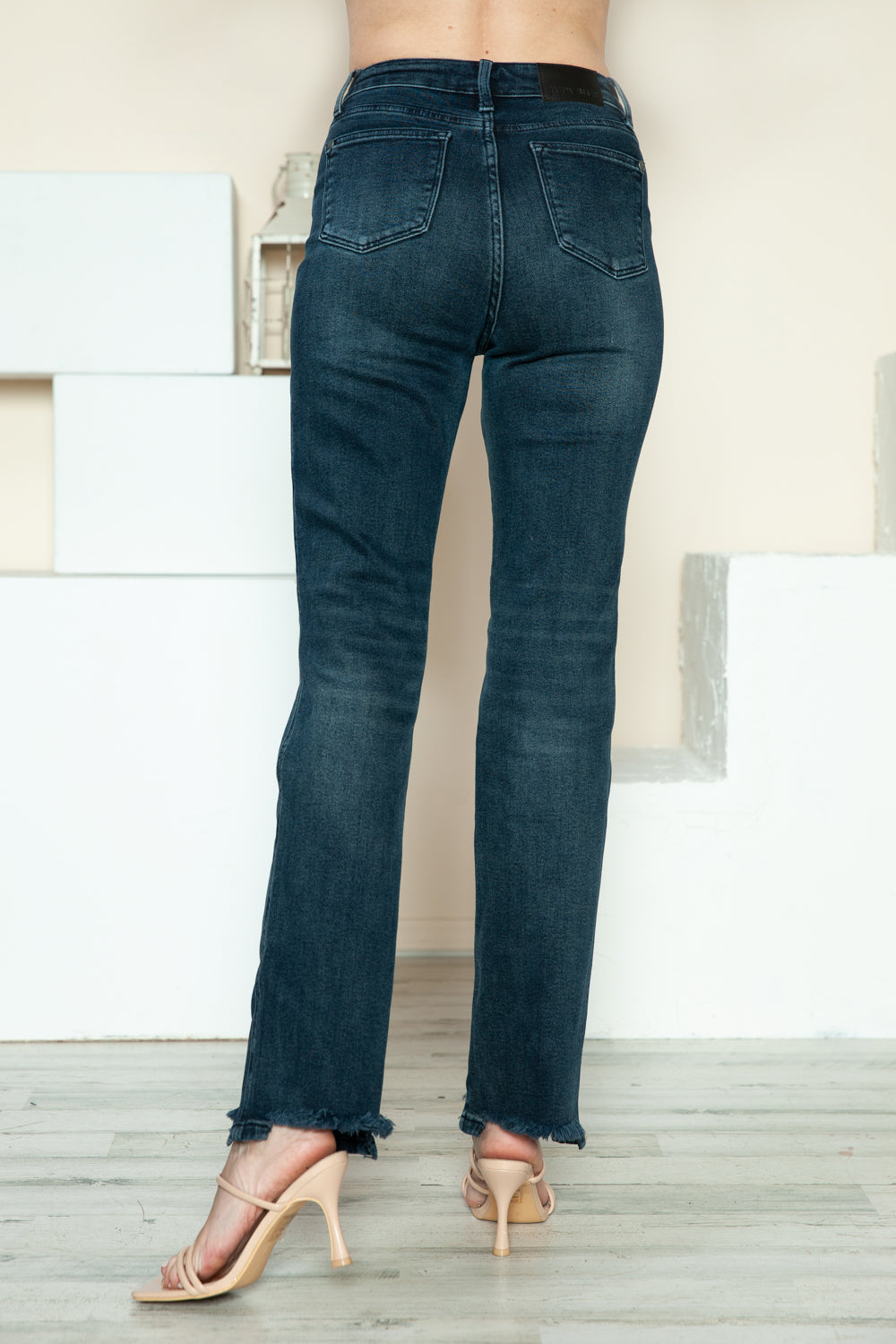 Judy Blue High Rise Waist Button Fly Hem Destroy Dark Wash Straight Denim Jeans