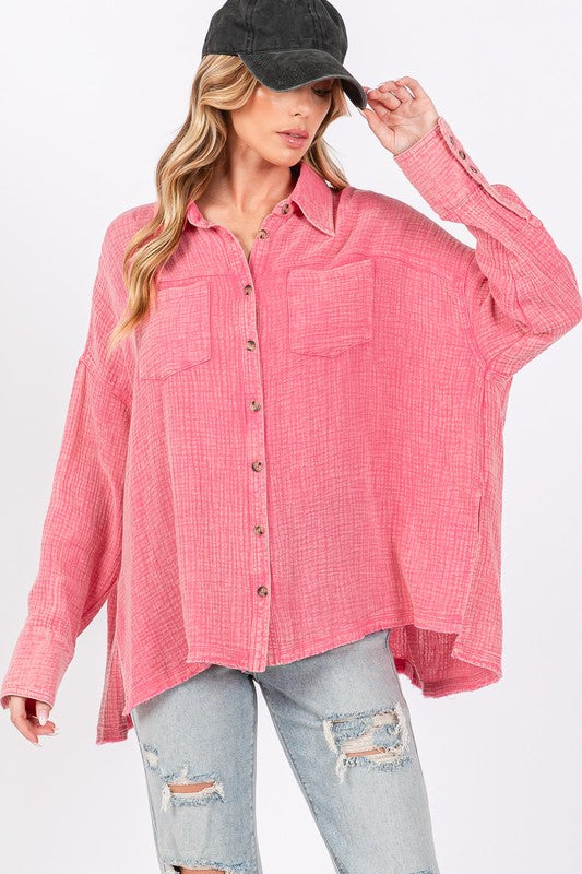 SAGE + FIG Frayed Hem Side Slit Button Down Pockets Oversized Shirt | Pink