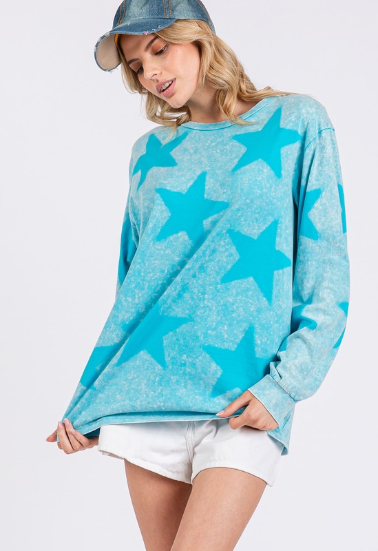 SAGE + FIG Mineral Wash Star Graphic Print Long Sleeves T-Shirt | Aqua Blue
