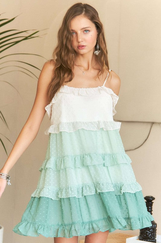 ADORA Swiss Dot Ombre Ruffled Tiered Adjustable Strap Babydoll Dress | Gum Leaf