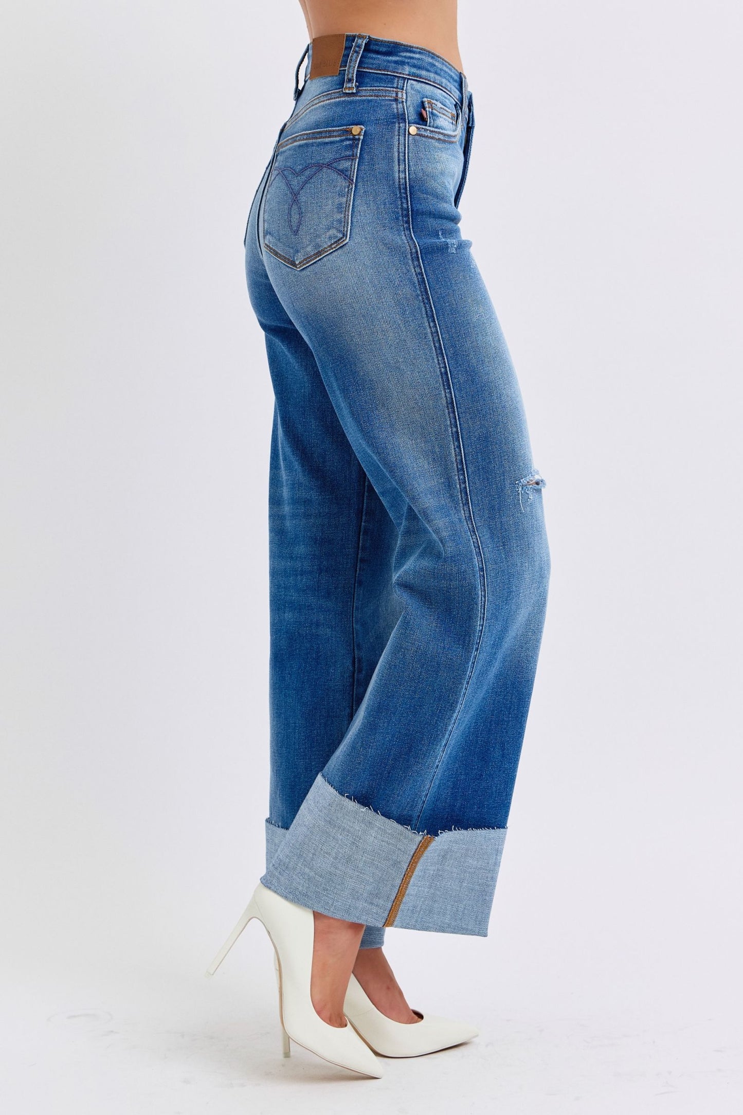 Judy Blue Distressed High Rise Cuffed Raw Hem Zip Fly Medium Wash Wide Leg Jeans