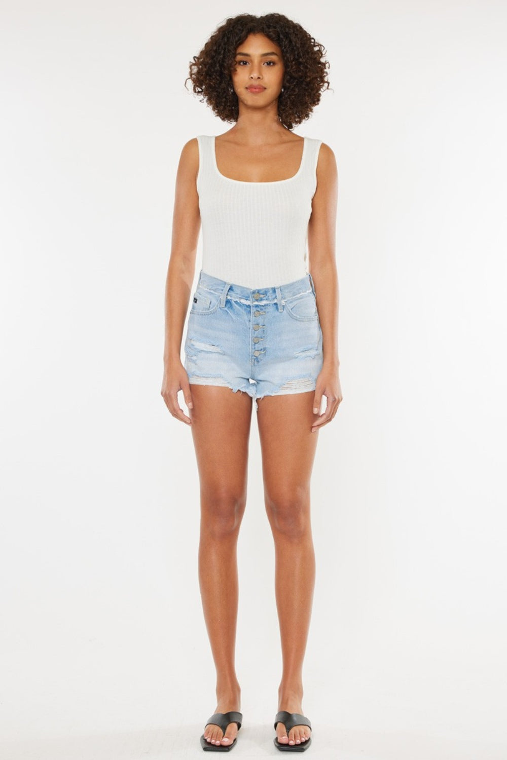 KanCan High Rise Distressed Button Fly Denim Shorts | Medium Wash