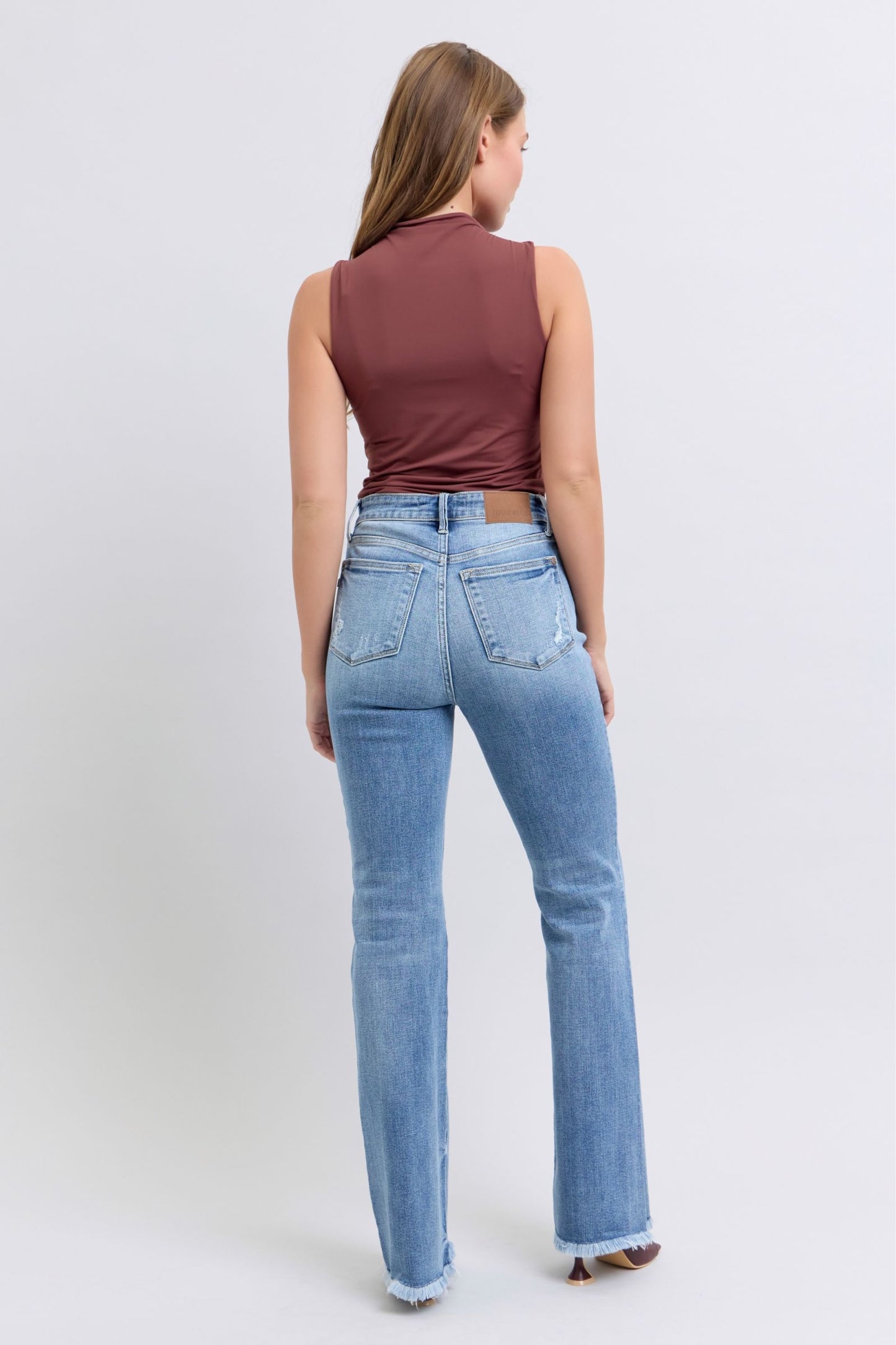 Judy Blue Raw Hem Detail High Rise Zipper Fly Medium Washed Bootcut Denim Jeans